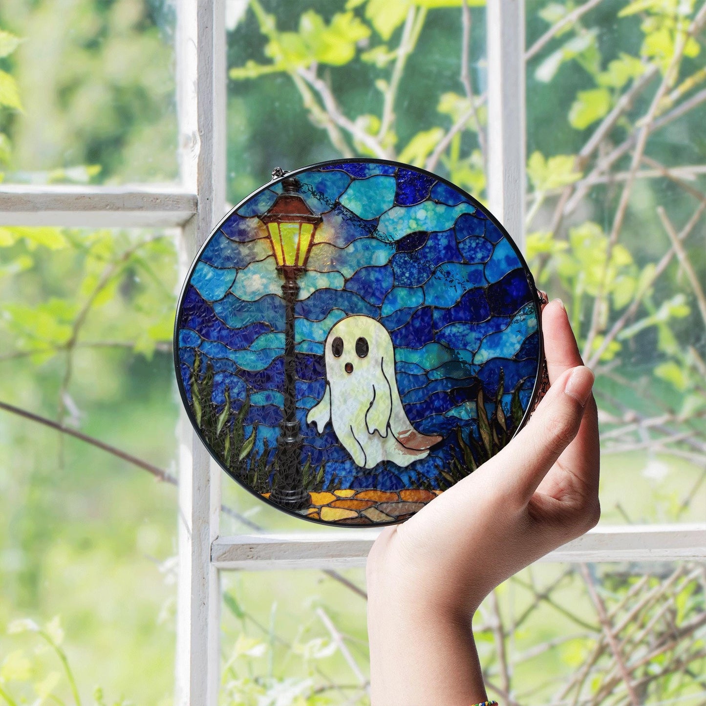 Ghost Suncatcher Stained Glass Lantern Window Art Gift for Halloween Lovers