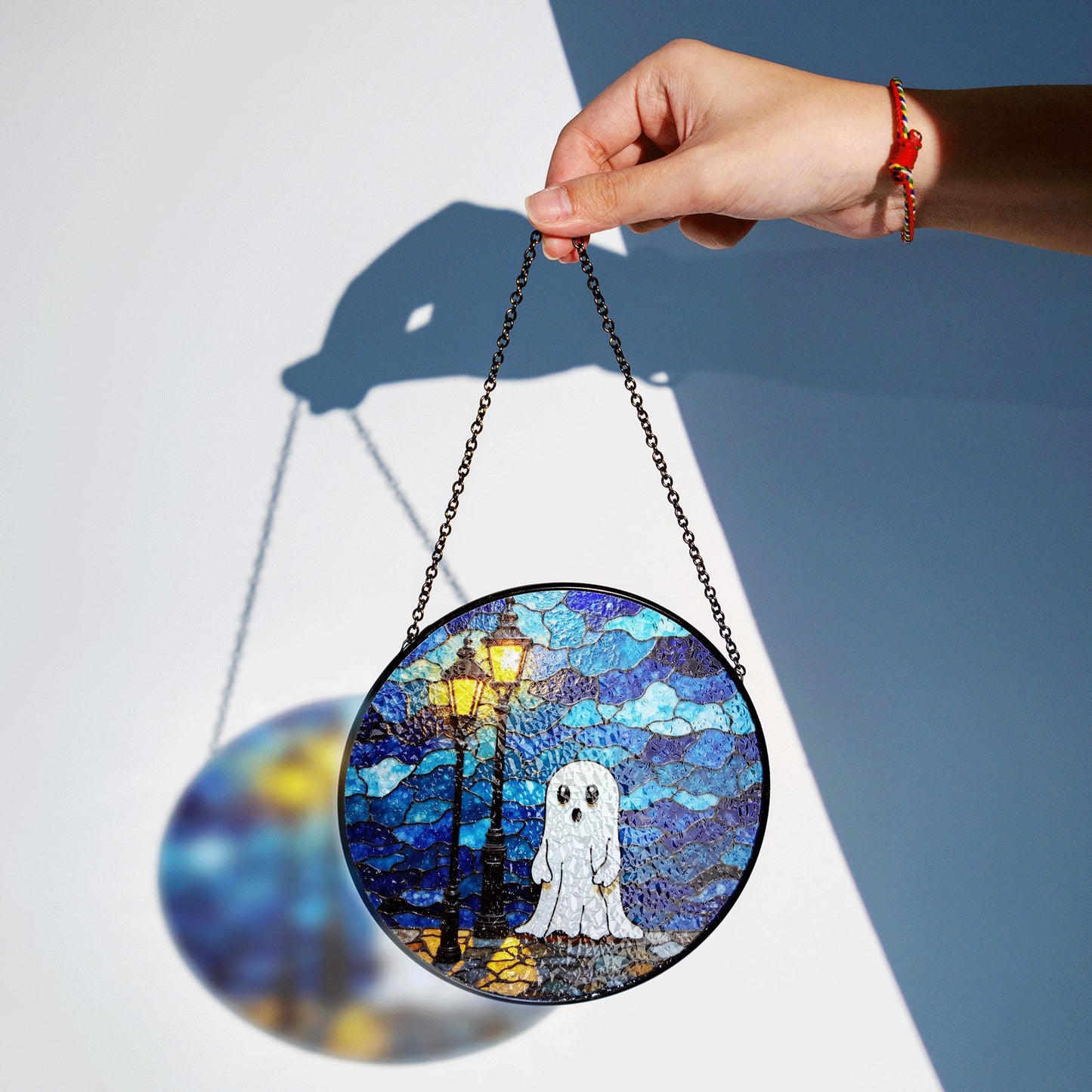 Ghost Stained Glass Suncatcher Cute Night Scene Window Hanging Gift for Halloween Lovers