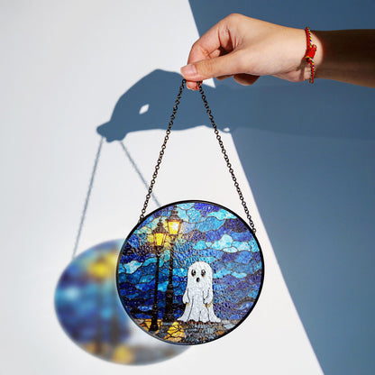 Ghost Stained Glass Suncatcher Cute Night Scene Window Hanging Gift for Halloween Lovers