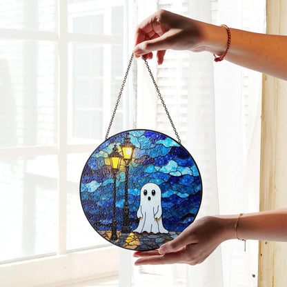 Ghost Stained Glass Suncatcher Cute Night Scene Window Hanging Gift for Halloween Lovers