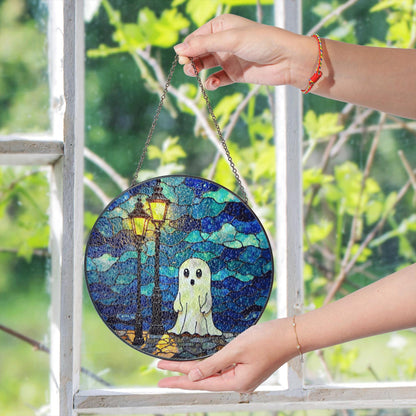Ghost Stained Glass Suncatcher Cute Night Scene Window Hanging Gift for Halloween Lovers