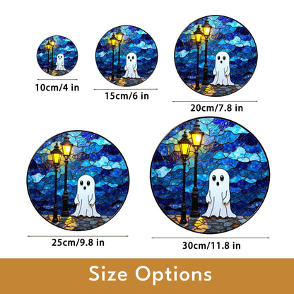 Ghost Stained Glass Suncatcher Cute Night Scene Window Hanging Gift for Halloween Lovers