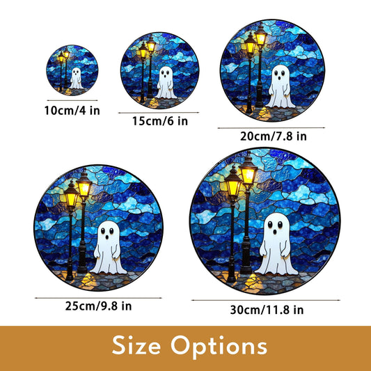 Ghost Stained Glass Suncatcher Cute Night Scene Window Hanging Gift for Halloween Lovers