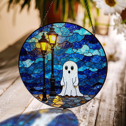 Ghost Stained Glass Suncatcher Cute Night Scene Window Hanging Gift for Halloween Lovers