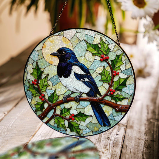 Stained Glass Magpie Suncatcher Window Hanging Bird Lover Gift Nature Decor