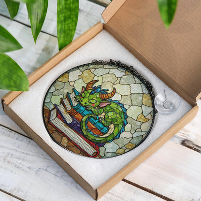 Sleeping Dragon Stained Glass Suncatcher Fantasy Decor Gift for Book Lovers