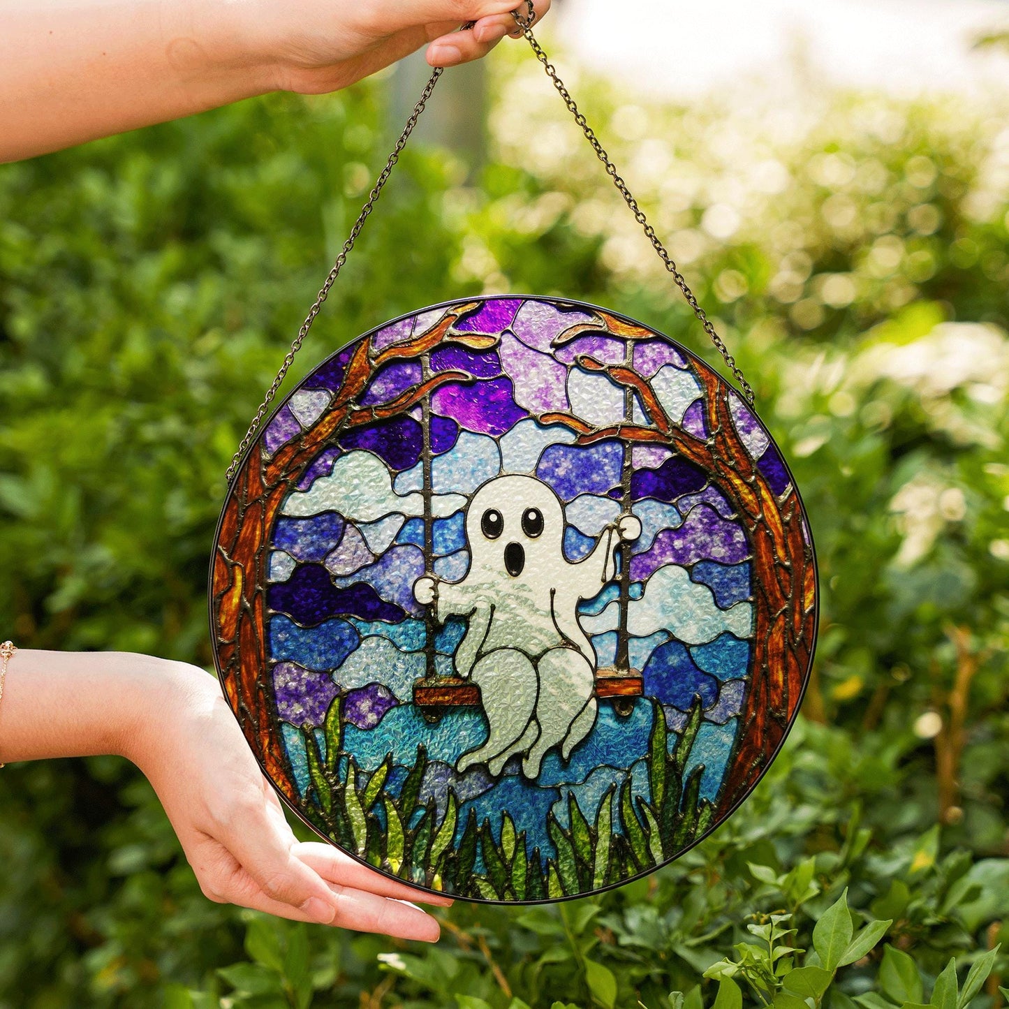 Ghost Swing Stained Glass Suncatcher Halloween Decor Window Hanging Gift for Friend