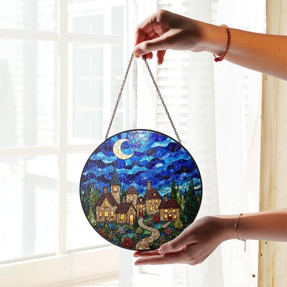 Stained Glass Village Night Scene Suncatcher Handmade Window Decor Gift for Mom Dad Friends