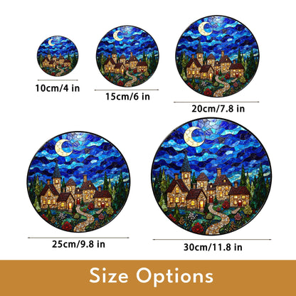 Stained Glass Village Night Scene Suncatcher Handmade Window Decor Gift for Mom Dad Friends