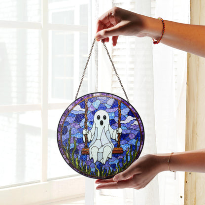 Ghost On Swing Stained Glass Suncatcher Halloween Decor Gift For Friends