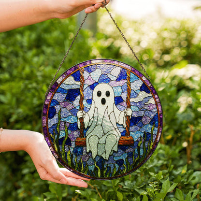 Ghost On Swing Stained Glass Suncatcher Halloween Decor Gift For Friends