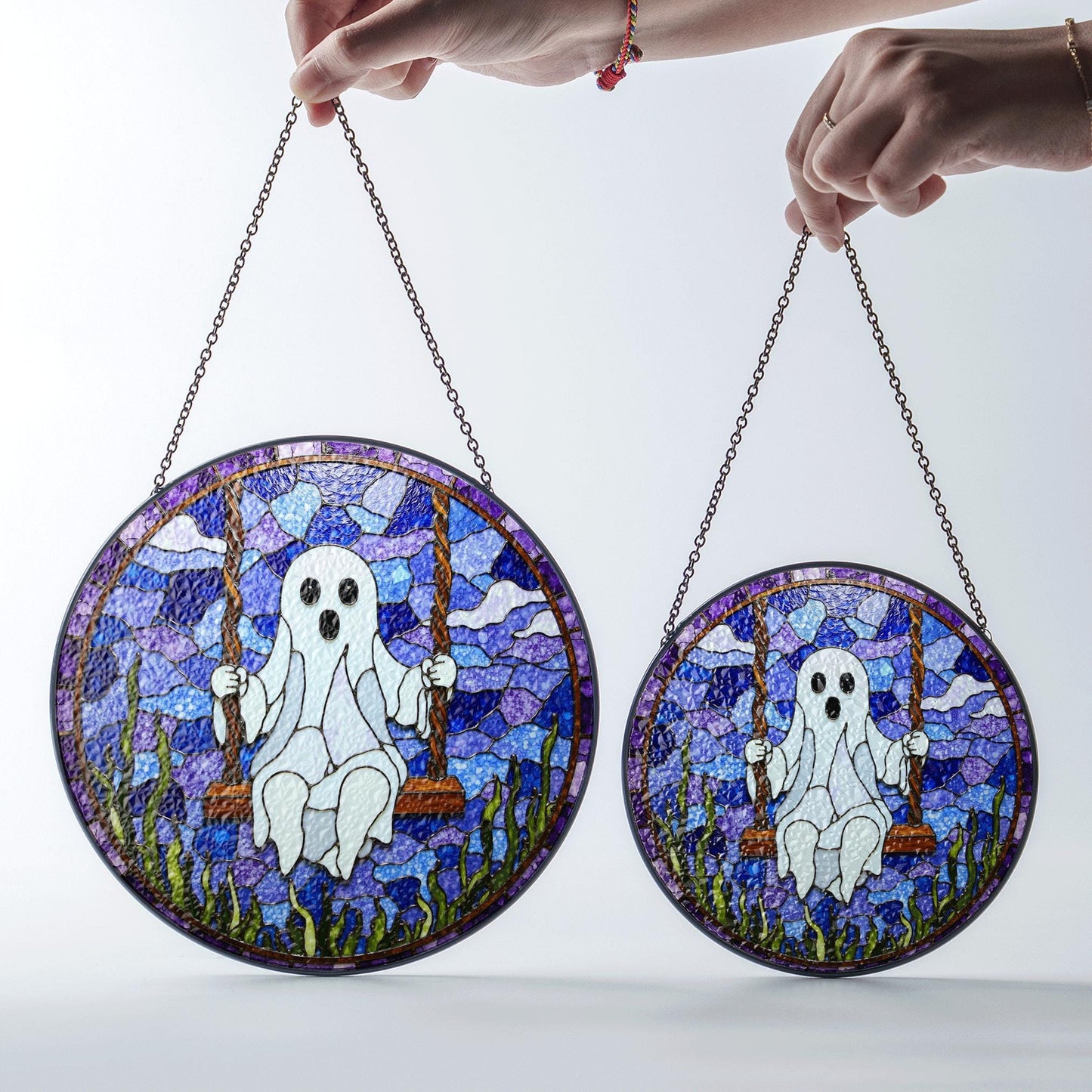Ghost On Swing Stained Glass Suncatcher Halloween Decor Gift For Friends