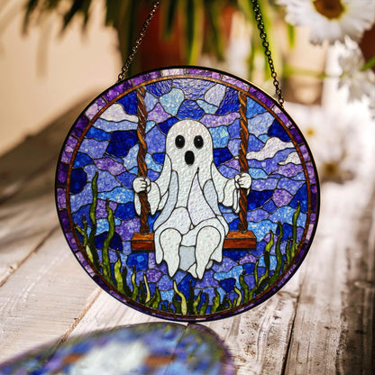 Ghost On Swing Stained Glass Suncatcher Halloween Decor Gift For Friends