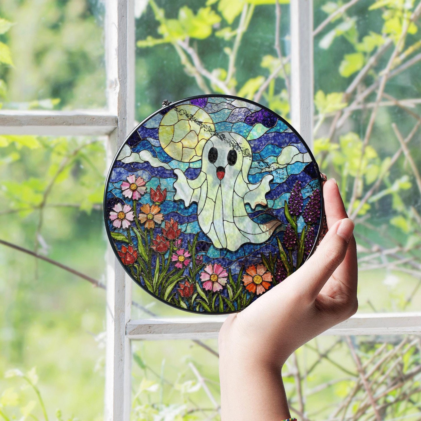 Ghost Stained Glass Suncatcher Halloween Window Decor Gift for Friends