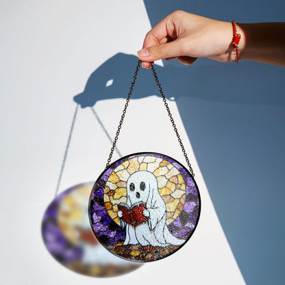 Ghost Reading Stained Glass Suncatcher Window Hanging Halloween Gift