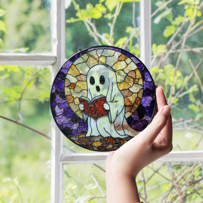Ghost Reading Stained Glass Suncatcher Window Hanging Halloween Gift