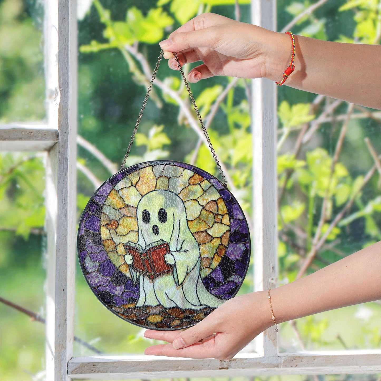Ghost Reading Stained Glass Suncatcher Window Hanging Halloween Gift