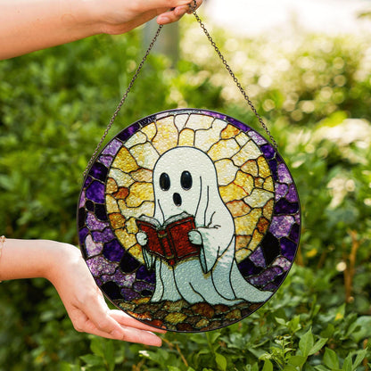 Ghost Reading Stained Glass Suncatcher Window Hanging Halloween Gift