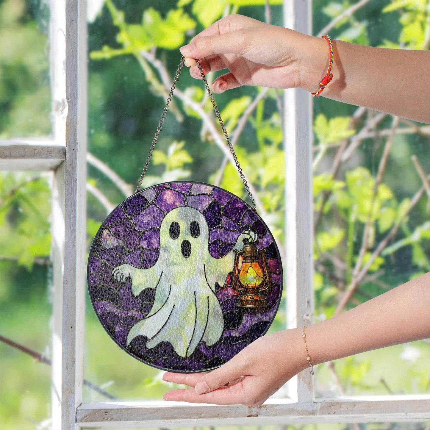 Ghost Lantern Stained Glass Suncatcher Halloween Decor Gift for Spooky Lovers