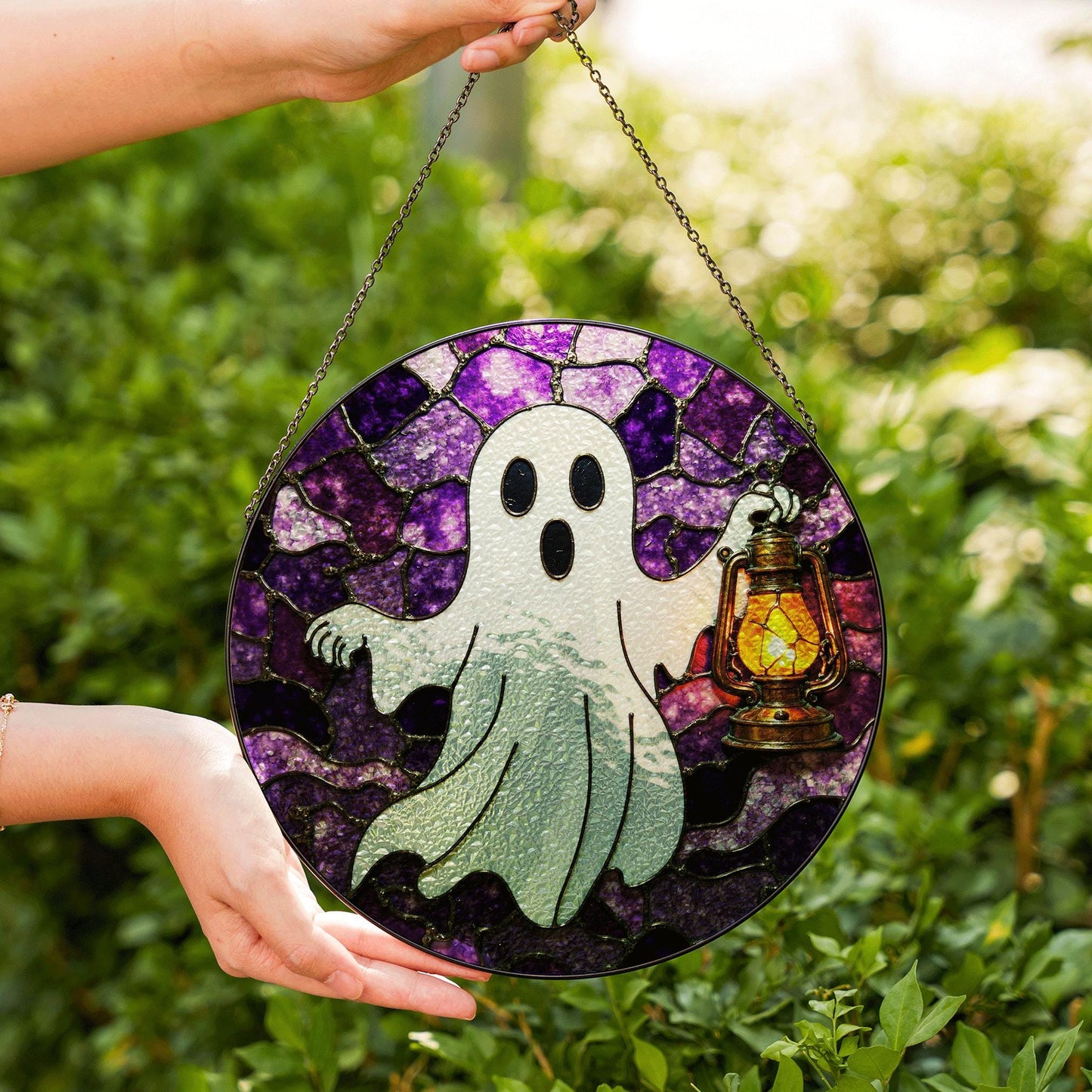 Ghost Lantern Stained Glass Suncatcher Halloween Decor Gift for Spooky Lovers