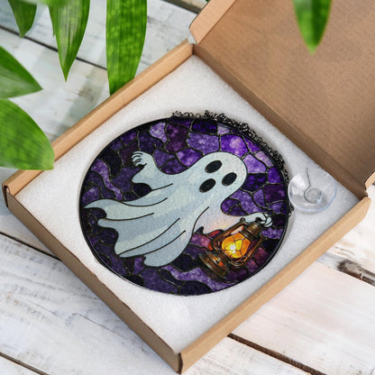 Ghost Lantern Stained Glass Suncatcher Halloween Decor Gift for Spooky Lovers