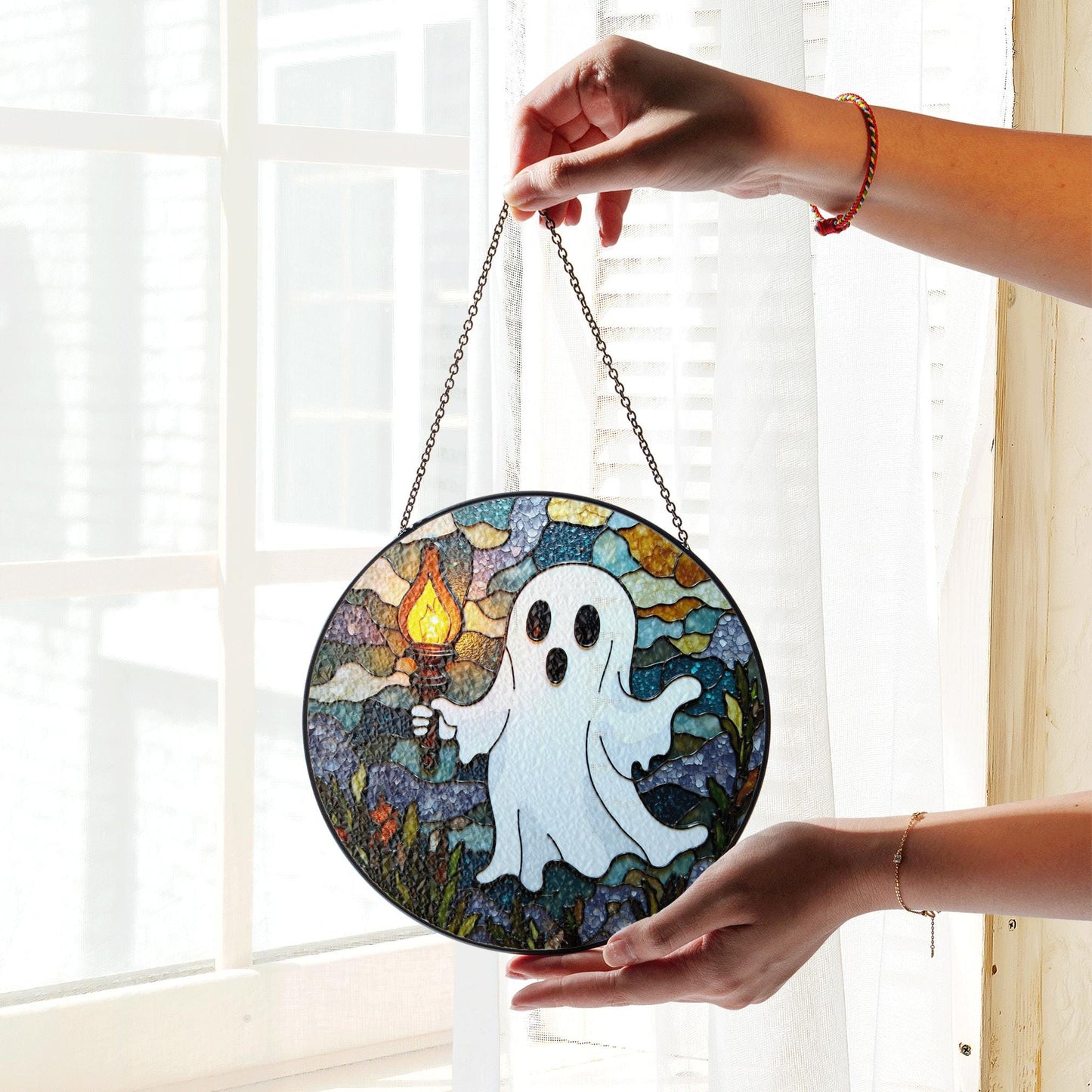 Ghost Stained Glass Suncatcher Halloween Decor Window Hanging Gift for Friends