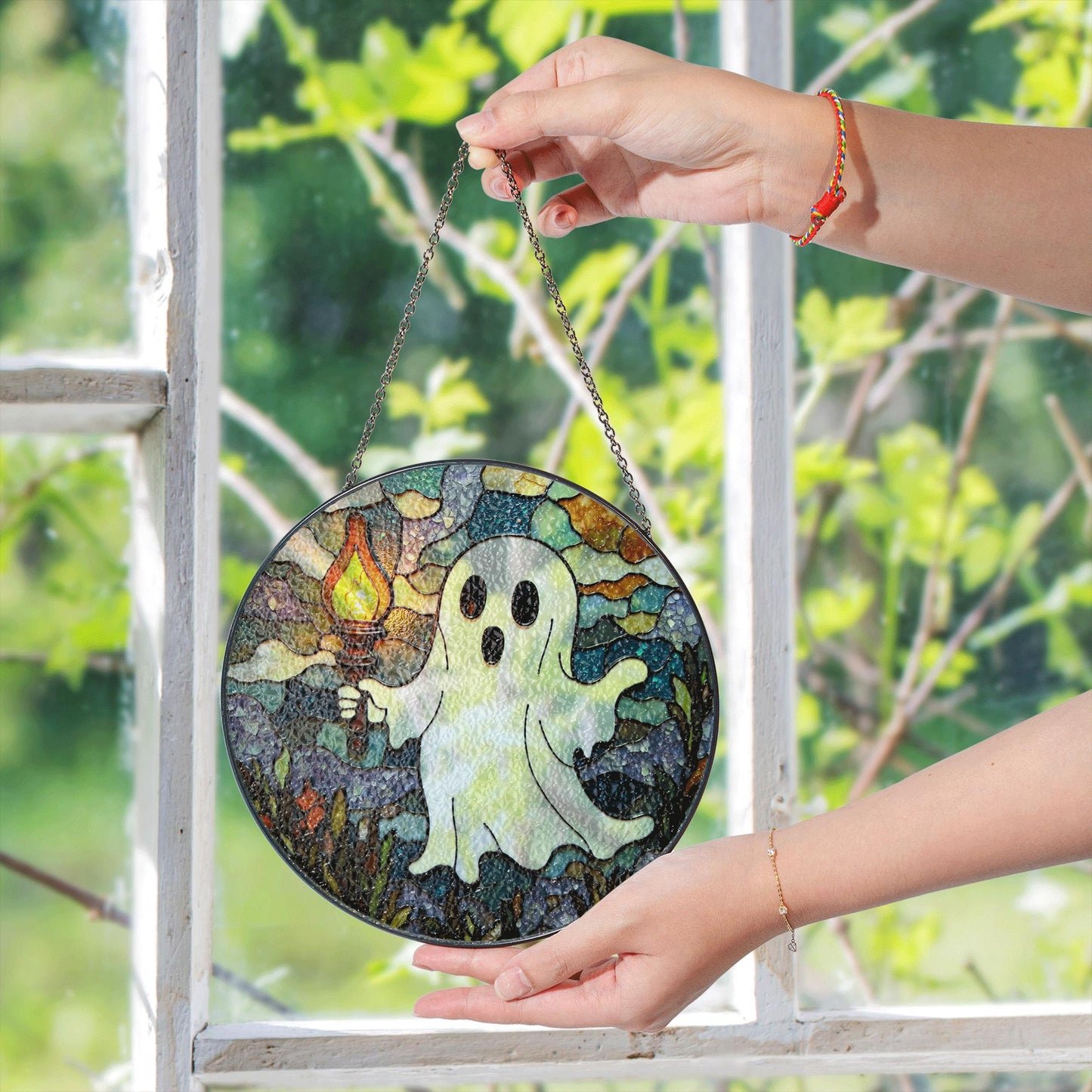 Ghost Stained Glass Suncatcher Halloween Decor Window Hanging Gift for Friends