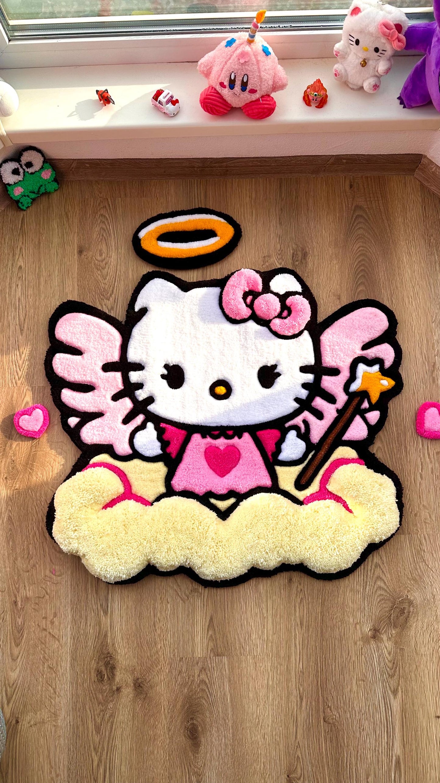 Hello Angel Wings Rug – Custom Puffy Tufted Fluffy Carpet, Handmade Cute Cloud Rug, Decor for Girls Room or Kawaii Gift Idea