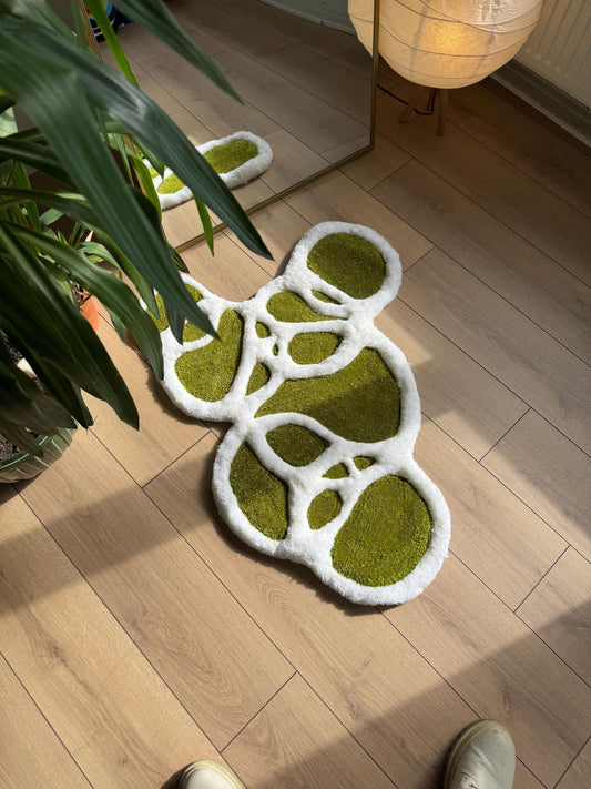 Green Wave Rug - Ocean-Inspired Handmade Carpet with Bubbles and Flowing Water Design