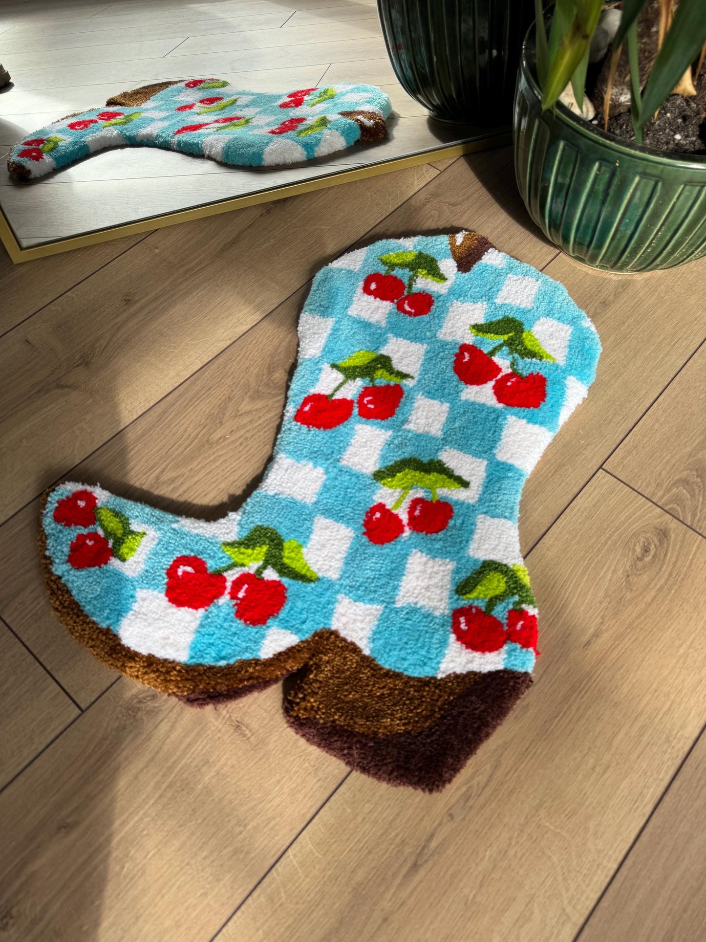 Checkered Cherry Cowboy Boots Tufted Rug - Western Home Decor, Boho Area Rug, Rustic Cowboy Style, Farmhouse Floor Mat, Unique Gift