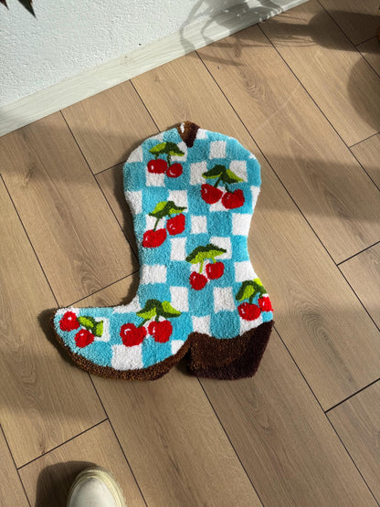 Checkered Cherry Cowboy Boots Tufted Rug - Western Home Decor, Boho Area Rug, Rustic Cowboy Style, Farmhouse Floor Mat, Unique Gift