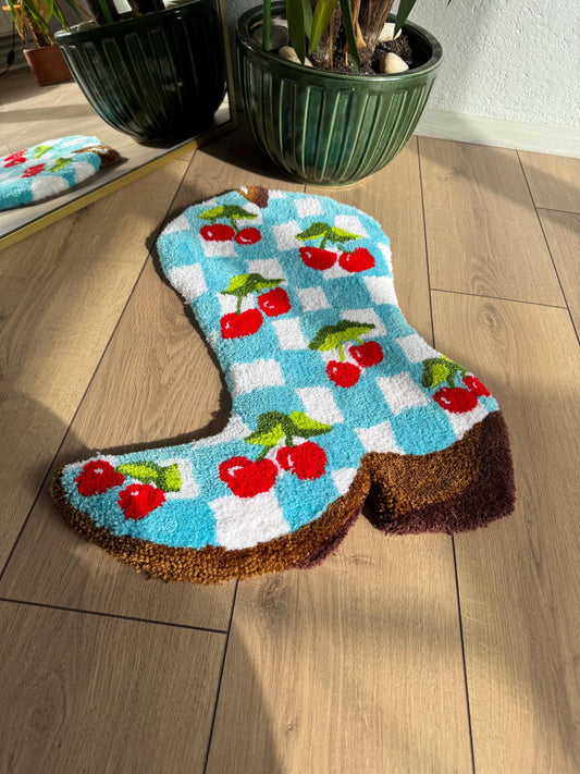 Checkered Cherry Cowboy Boots Tufted Rug - Western Home Decor, Boho Area Rug, Rustic Cowboy Style, Farmhouse Floor Mat, Unique Gift