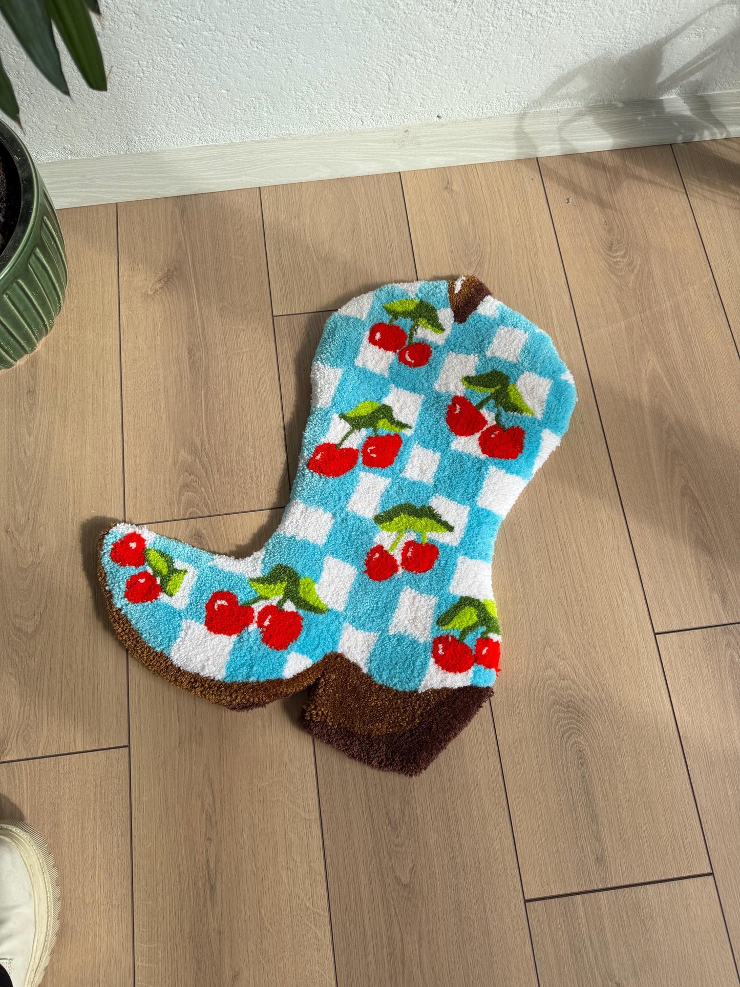 Checkered Cherry Cowboy Boots Tufted Rug - Western Home Decor, Boho Area Rug, Rustic Cowboy Style, Farmhouse Floor Mat, Unique Gift