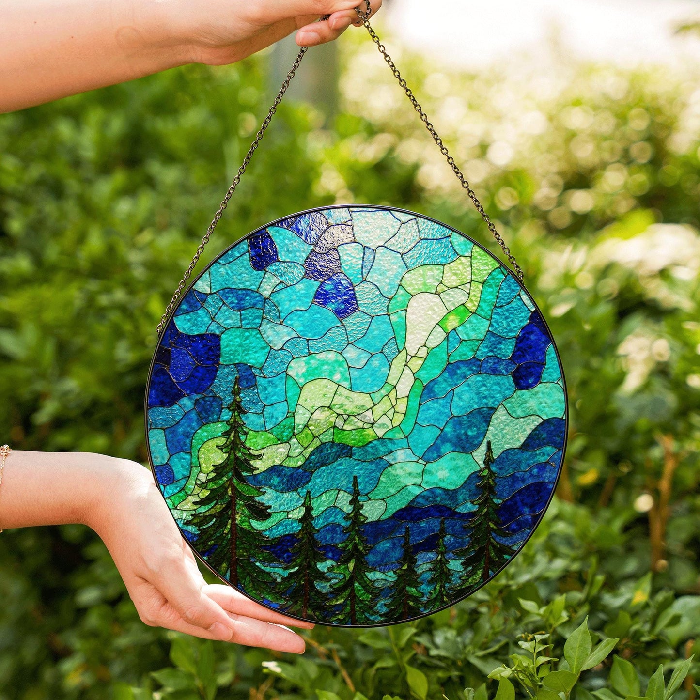 Aurora Borealis Forest Stained Glass Suncatcher Gift for Nature Lovers