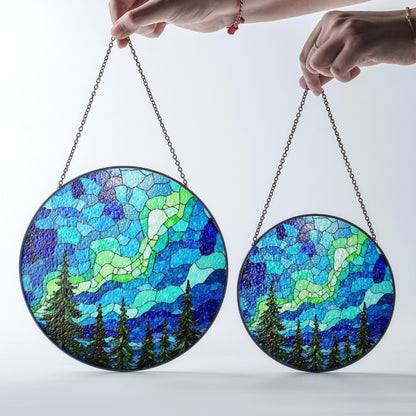 Aurora Borealis Forest Stained Glass Suncatcher Gift for Nature Lovers