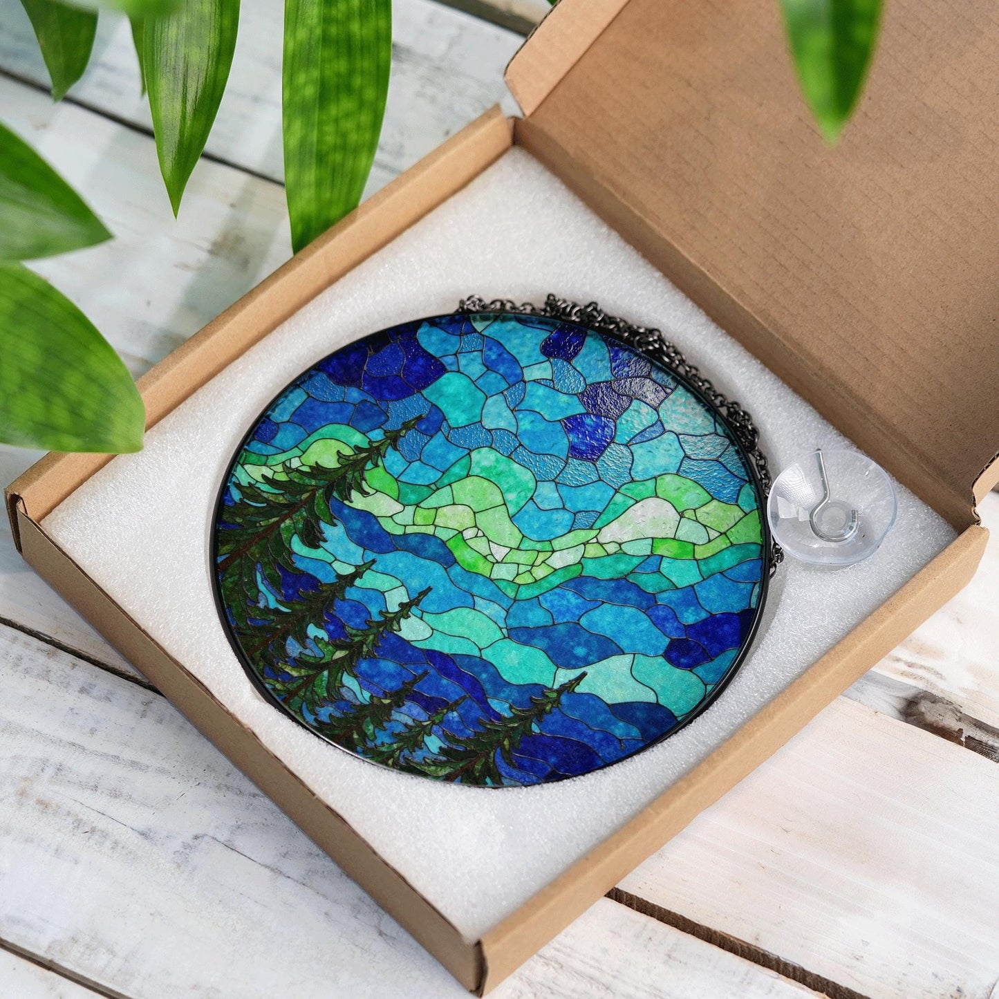 Aurora Borealis Forest Stained Glass Suncatcher Gift for Nature Lovers