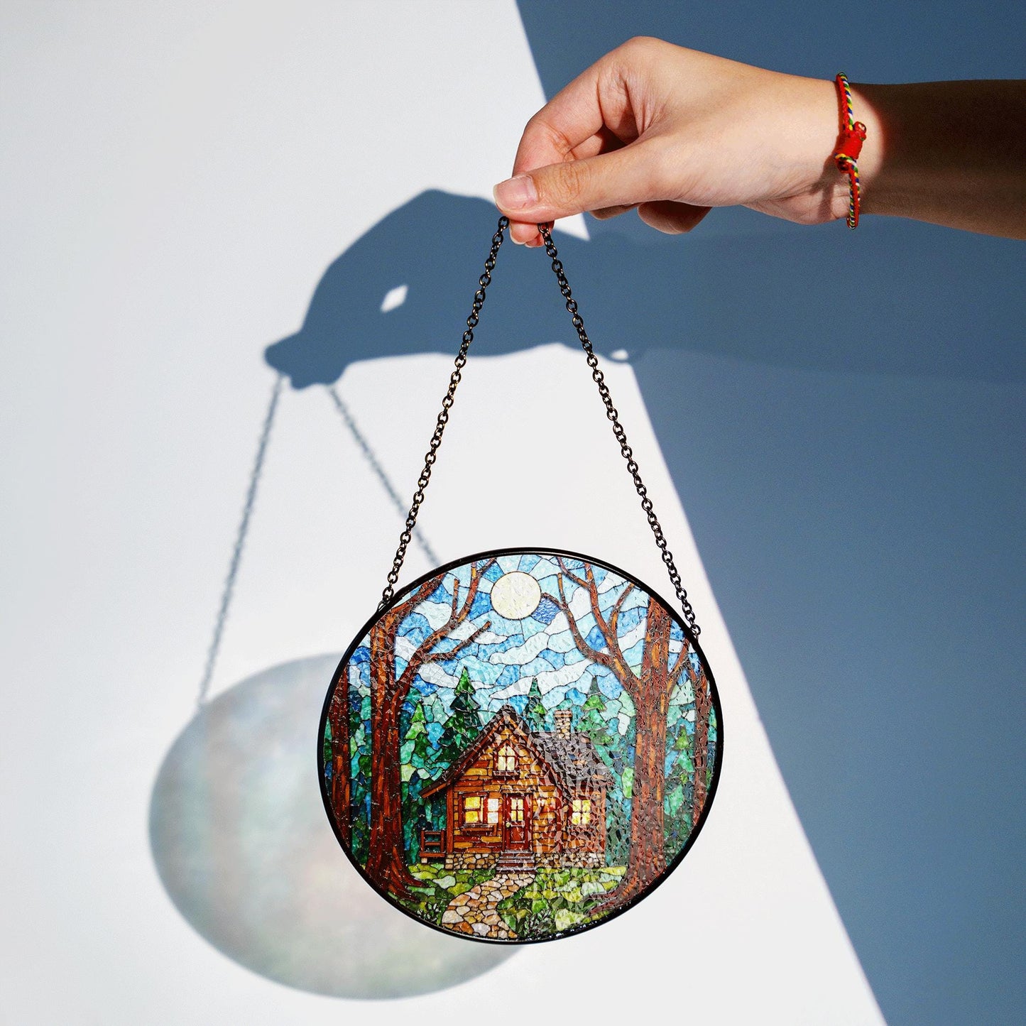 Cabin in Forest Stained Glass Suncatcher Cozy Home Decor Gift for Nature Lovers