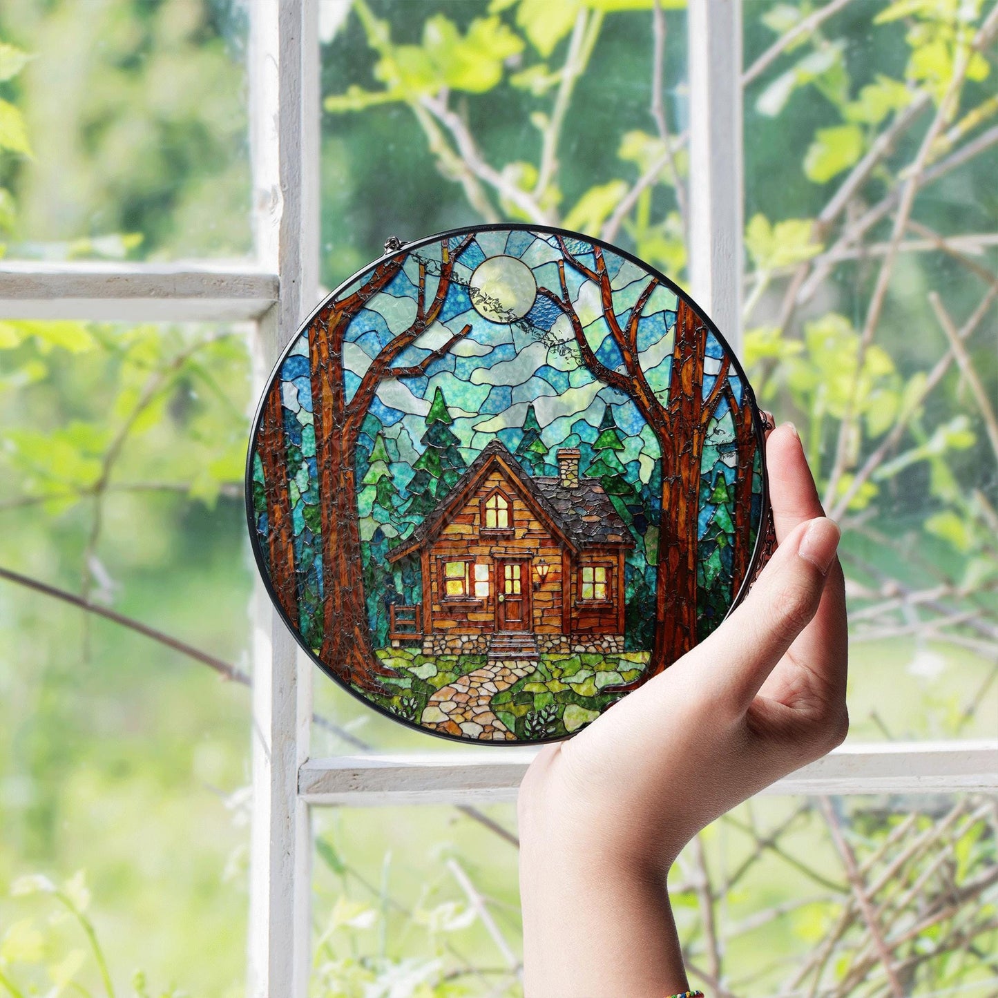 Cabin in Forest Stained Glass Suncatcher Cozy Home Decor Gift for Nature Lovers