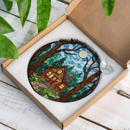 Cabin in Forest Stained Glass Suncatcher Cozy Home Decor Gift for Nature Lovers