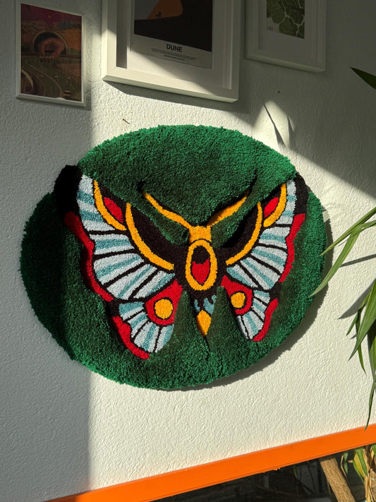 Oldschool Butterfly 3D Fluffy Handmade Tufted Rug, Fluffy Home Decor, Home Decor, Tufted Wall Hangings, Butterfly Decor, Green Rugs