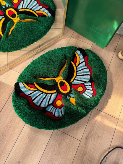 Oldschool Butterfly 3D Fluffy Handmade Tufted Rug, Fluffy Home Decor, Home Decor, Tufted Wall Hangings, Butterfly Decor, Green Rugs