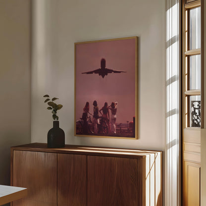 Women Watching Airplane Takeoff Photo Print Fine Art Photography Summer Y2K Photo Retro 1970s Nostalgia Wall Decor Pink Sunset Wall Art