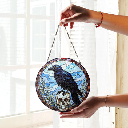 Raven Skull Stained Glass Suncatcher Gothic Window Hanging Gift for Nature Lovers