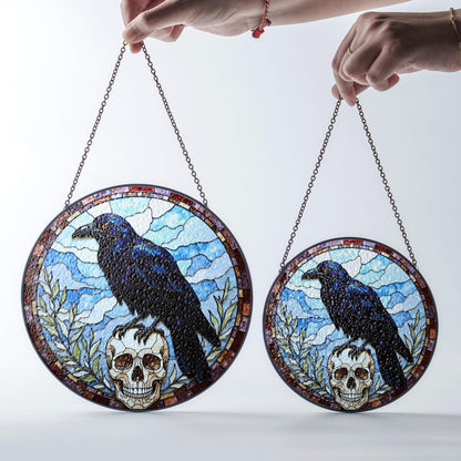 Raven Skull Stained Glass Suncatcher Gothic Window Hanging Gift for Nature Lovers