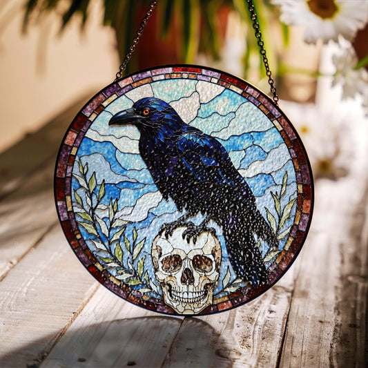 Raven Skull Stained Glass Suncatcher Gothic Window Hanging Gift for Nature Lovers