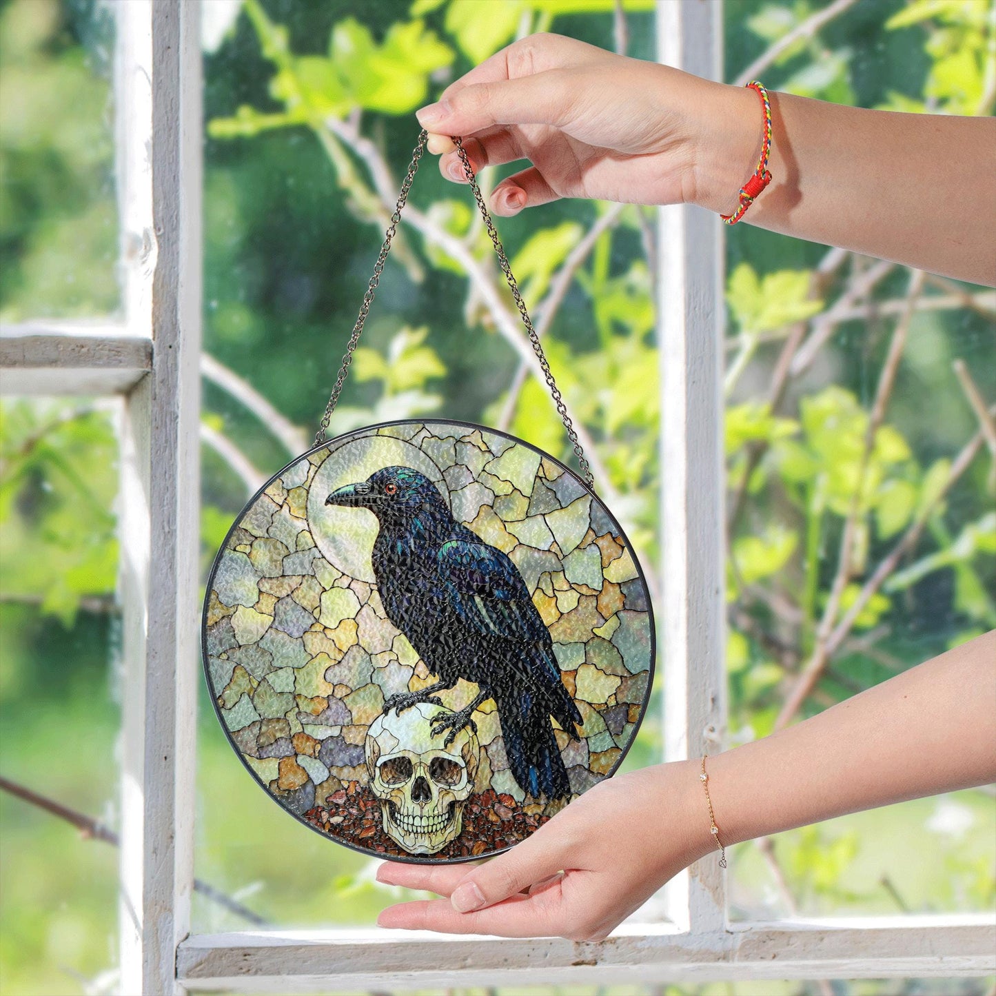 Raven Skull Stained Glass Suncatcher Gothic Decor Halloween Gift