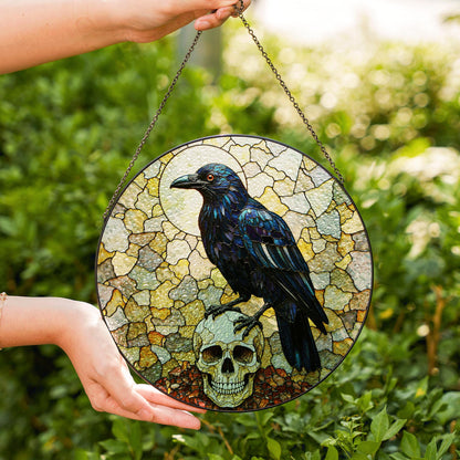 Raven Skull Stained Glass Suncatcher Gothic Decor Halloween Gift