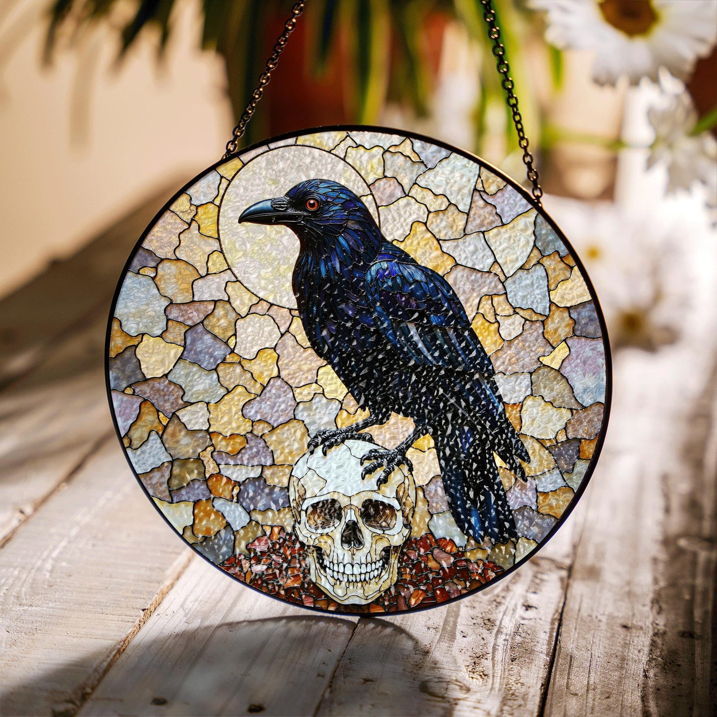 Raven Skull Stained Glass Suncatcher Gothic Decor Halloween Gift