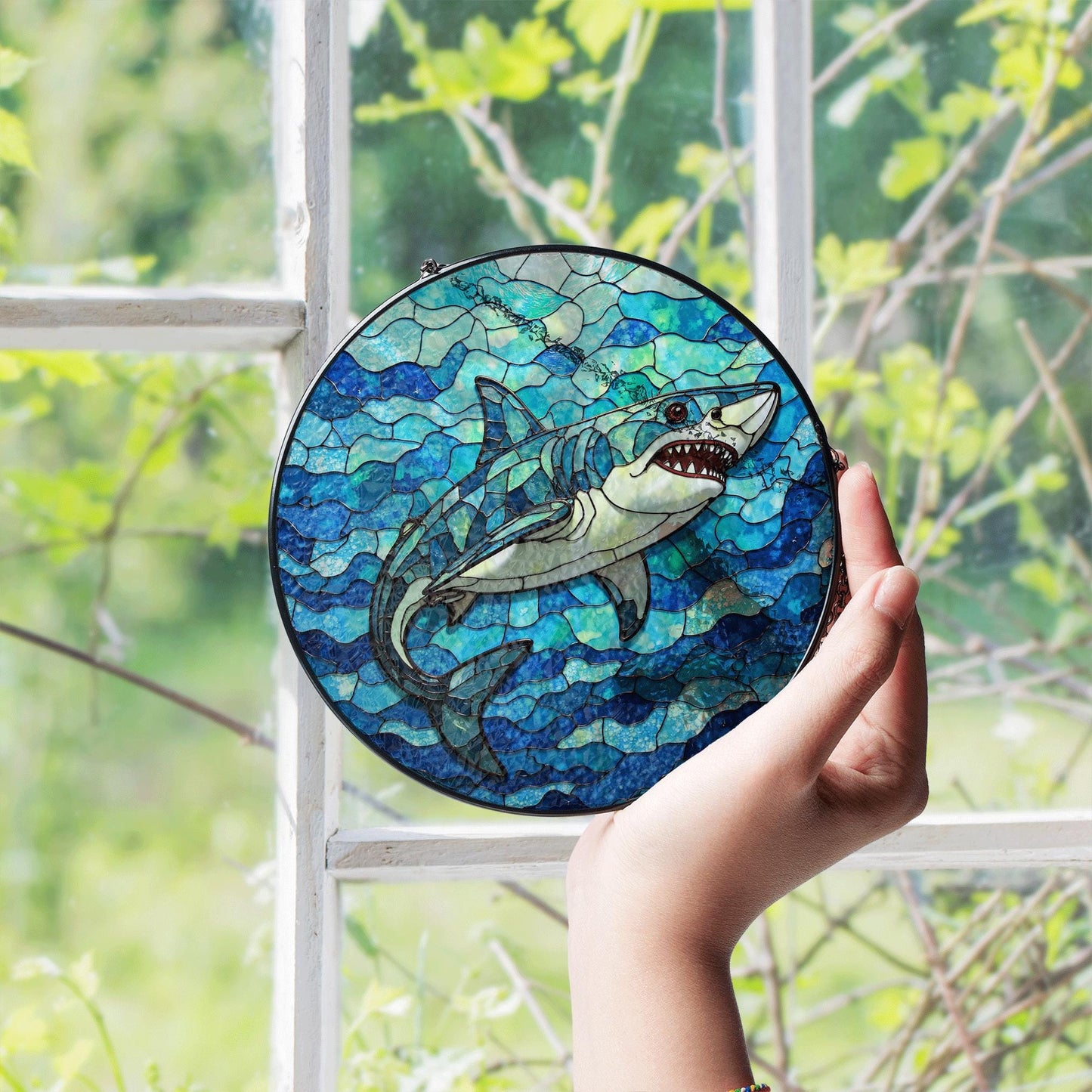 Shark Stained Glass Suncatcher Ocean Window Hanging Gift for Marine Life Lovers