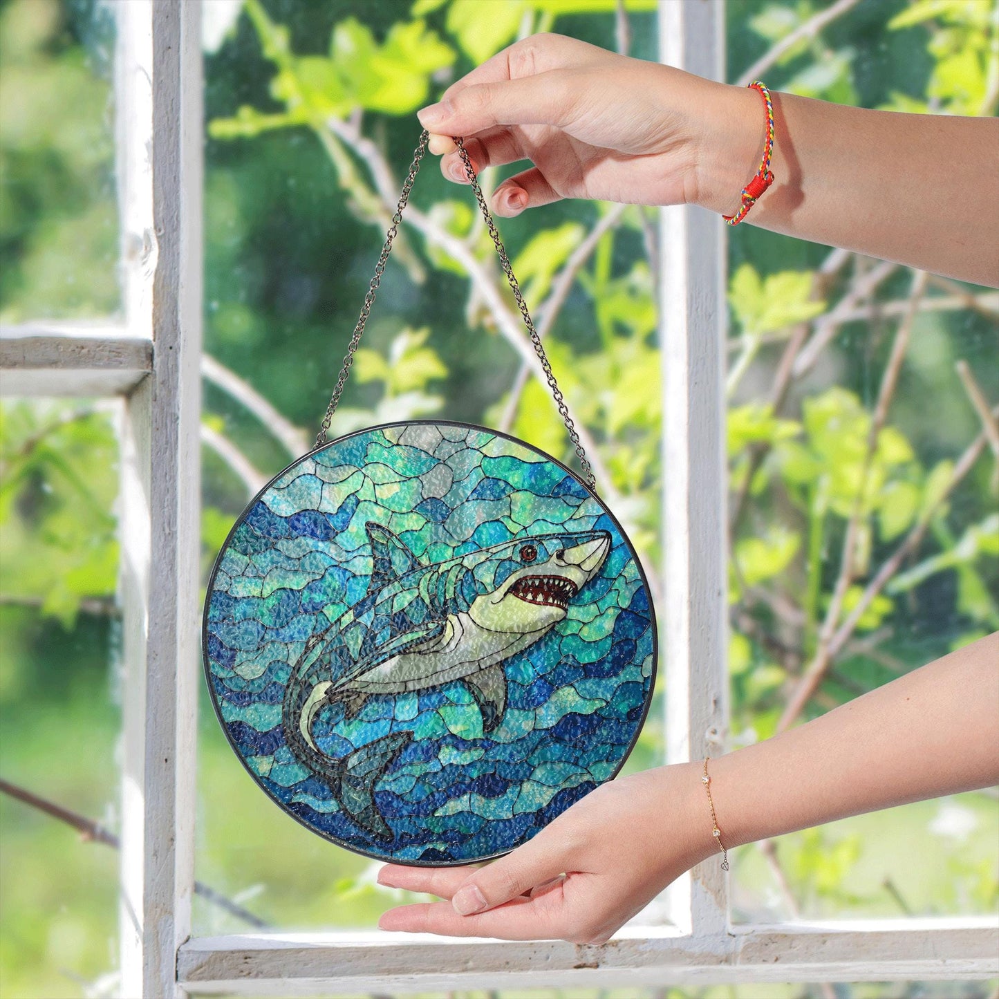 Shark Stained Glass Suncatcher Ocean Window Hanging Gift for Marine Life Lovers